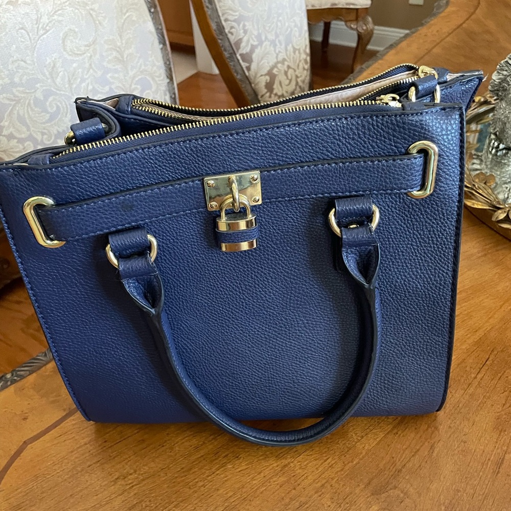 Charming Charlie Navy Satchel with Gold Accents